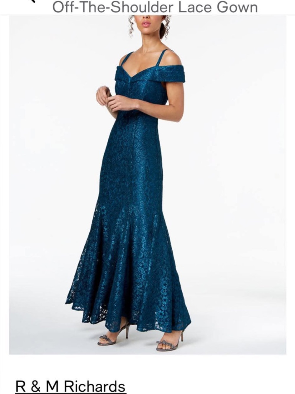 R&M Richards Teal Off-Shoulder Lace Maxi Skirted Gown